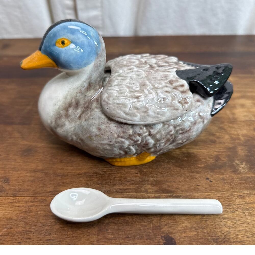 Bordallo Pinheiro Portugal Lidded Duck Majolica Pottery Tureen Condiment Server